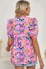 Purple Butterfly Print Frill V Neck Puff Sleeve Blouse