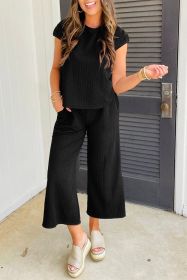 Black Textured Cap Sleeve Top and Wide Leg Pants Set (size: (US 12-14)L)