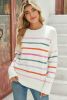 White Colorful Striped Ribbed Trim Round Neck Sweater