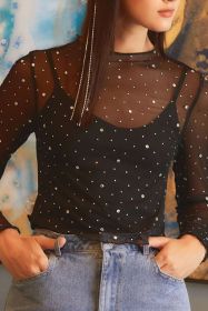 Black Rhinestone Mesh Mock Neck Top (size: (US 12-14)L)