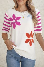 White Colorful Floral Print Striped Sleeve Knitted Tee (size: (US 8-10)M)