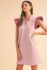 Light Pink Textured Puff Sleeve Ruffled V Neck Mini Dress