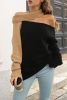 Black Two Tone Contrast Off The Shoulder One Collar Sweater