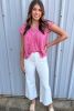 Bright Pink Frill V Neck Splicing Pleated Blouse