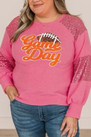 Pink Chenille Game Day Rugby Graphic Sequin Patchwork Sleeve Plus Top (size: (US 18-20)2X)