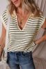 Beige Stripe Turn-down Collar Sleeveless Knitted Top