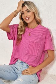 Pink Crinkle Rib Knit Pocketed Loose Fit Crew Neck T Shirt (size: (US 8-10)M)