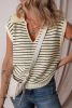 Beige Stripe Turn-down Collar Sleeveless Knitted Top