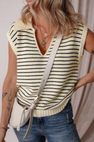 Beige Stripe Turn-down Collar Sleeveless Knitted Top (size: (US 8-10)M)