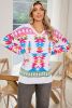 White Oversized Geometric Print High Low V Neck Sweater