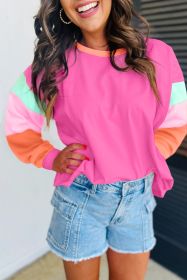 Rose Red Color Block Sleeve Loose Fit Top (size: 1-2-2-2)