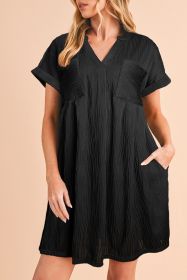Black Crinkled Short Sleeve V Neck Flowy Dress (size: (US 12-14)L)