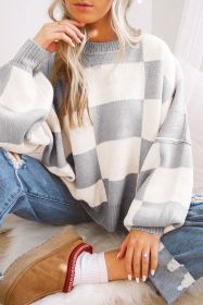 Gray Checkered Bishop Sleeve Pullover Sweater (size: (US 20-22)2XL)