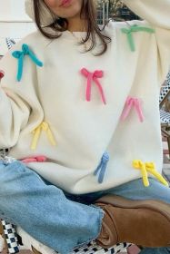 Beige Colorful Bowknot Crewneck Knit Sweater (size: (US 8-10)M)