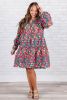 Sky Blue Floral Allover Print Shirred Plus Size Mini Dress