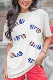 White Flag Day Stripe Star Sunglasses Graphic Round Neck Tee (size: (US 12-14)L)