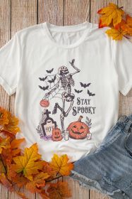 White Skull Pumpkin STAY SPOOKY Graphic Halloween T Shirt (size: (US 12-14)L)