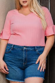Peach Blossom Solid Color Textured V Neck Short Sleeve Plus Size Blouse (size: (US 18W-20W)2X)