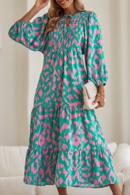 Green Abstract Print Puff Sleeve Smocked V Neck Maxi Dress (size: (US 8-10)M)