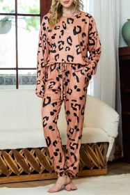 Apricot Pink Leopard Print Long Sleeve Top and Drawstring Pants Set (size: (US 8-10)M)
