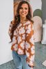 Brown 60s Flower Print Raw Edge Long Sleeve Loose Sweater