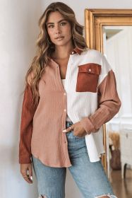 Brown Color Block Pockets Textured Long Sleeve Shacket (size: (US 12-14)L)