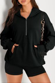 Black Kangaroo Pocket Half Zipper Oversized Hoodie (size: (US 12-14)L)