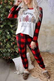 Red Plaid Merry Christmas Casual Top & Pants Loungewear Set (size: (US 12-14)L)