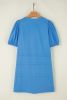 Blue Plain Pleated Button V Neck Puff Sleeve Mini Dress