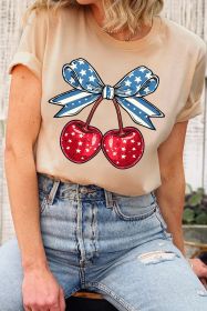 Khaki American Flag Bowknot Cherry Graphic Crew Neck T Shirt (size: (US 18-20)2XL)