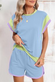 Blue Color Block Loose Fit Top and Elastic Waist Shorts Set (size: (US 20-22)2XL)