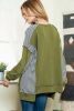 Green Striped Print Waffle Patchwork Henley Pullover Sweatshirt