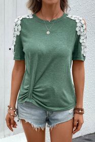 Green Lace Applique Cold Shoulder Ruched T-shirt (size: (US 8-10)M)