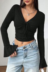 Black Solid Color V Neck Flare Sleeve Cropped Blouse (size: (US 12-14)L)