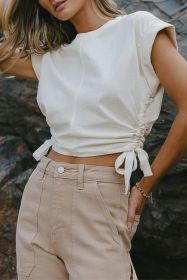 White Center Seamed Side Drawstring Cap Sleeve T-shirt (size: (US 8-10)M)