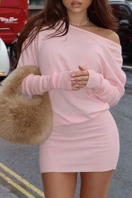 Light Pink Slant Neck Loose Bodycon Short Dress (size: (US 8-10)M)