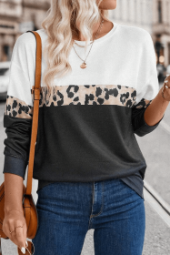 Black Leopard Colorblock Round Neck Long Sleeve Top (size: (US 8-10)M)