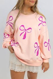 Apricot Pink Sequin Bow Drop Shoulder Oversized Sweatshirt (size: (US 8-10)M)