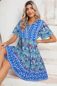Sky Blue Patchwork Tie Neck Flounce Sleeve Ruffle Hem Mini Dress (size: (US 8-10)M)
