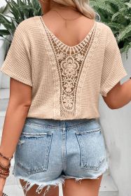 Beige Hollowed Lace Applique Plus Size Waffle T Shirt (size: (US 18W-20W)2X)