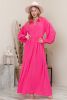 Rose Solid Color Bishop Sleeve Button Up Collared Shirt Dress