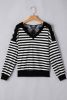 Black Stripe Crochet Hollow-out Back Buttoned Decor V Neck Top
