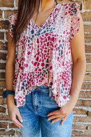 Multicolor Animal Print V Neck Sleeveless Ruffled Top (size: (US 12-14)L)