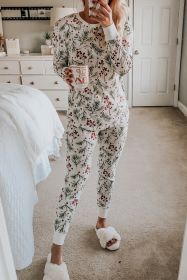 White Holly Print Christmas Pullover Pants Pajama Set (size: (US 12-14)L)