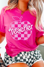 Rose Red Teacher Checkered Apple Graphic Crewneck T Shirt (size: (US 12-14)L)