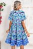 Sky Blue Patchwork Tie Neck Flounce Sleeve Ruffle Hem Mini Dress