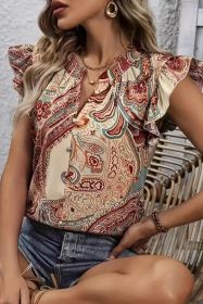 Khaki Paisley Floral Ruffle Sleeveless V Neck Blouse (size: (US 8-10)M)
