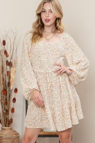 Apricot Boho Floral Smocked Puff Sleeve Short Dress (size: (US 8-10)M)