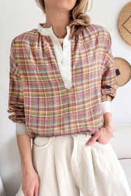 Pink Plaid Patchwork Drop Sleeve Henley Top (size: (US 8-10)M)