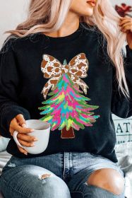 Black Shiny Bowknot Christmas Tree Graphic Round Neck Sweatshirt (size: (US 20-22)2XL)